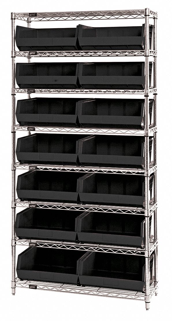 Bin Shelving: 36 in x 14 in x 74 in, 14 Bins, 8 Shelves, Open, Black