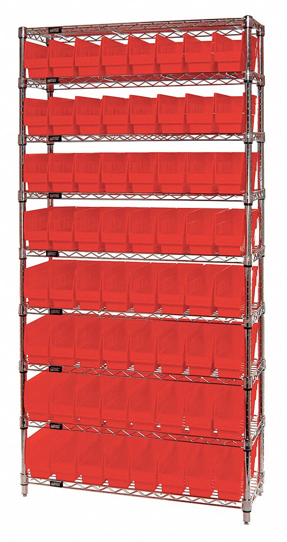 Bin Shelving: 36 in x 18 in x 74 in, 64 Bins, 9 Shelves, Open, Shelf Bin