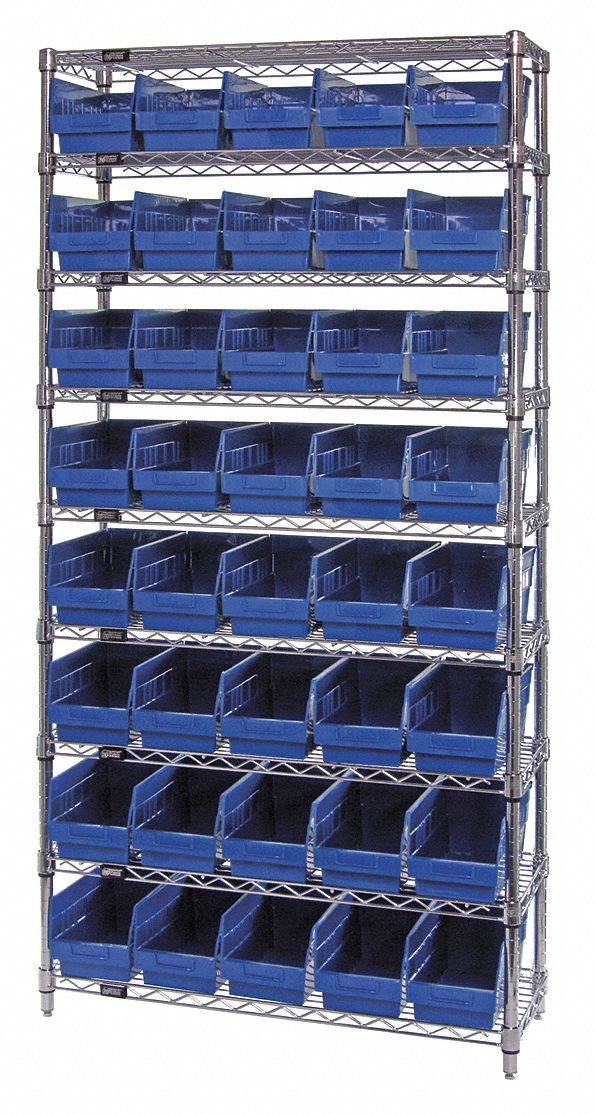 Bin Shelving: 36 in x 18 in x 74 in, 40 Bins, 9 Shelves, Open, Shelf Bin