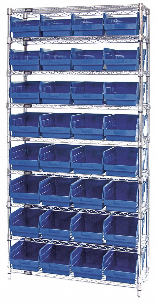 Bin Shelving: 36 in x 12 in x 74 in, 32 Bins, 9 Shelves, Open, Shelf Bin