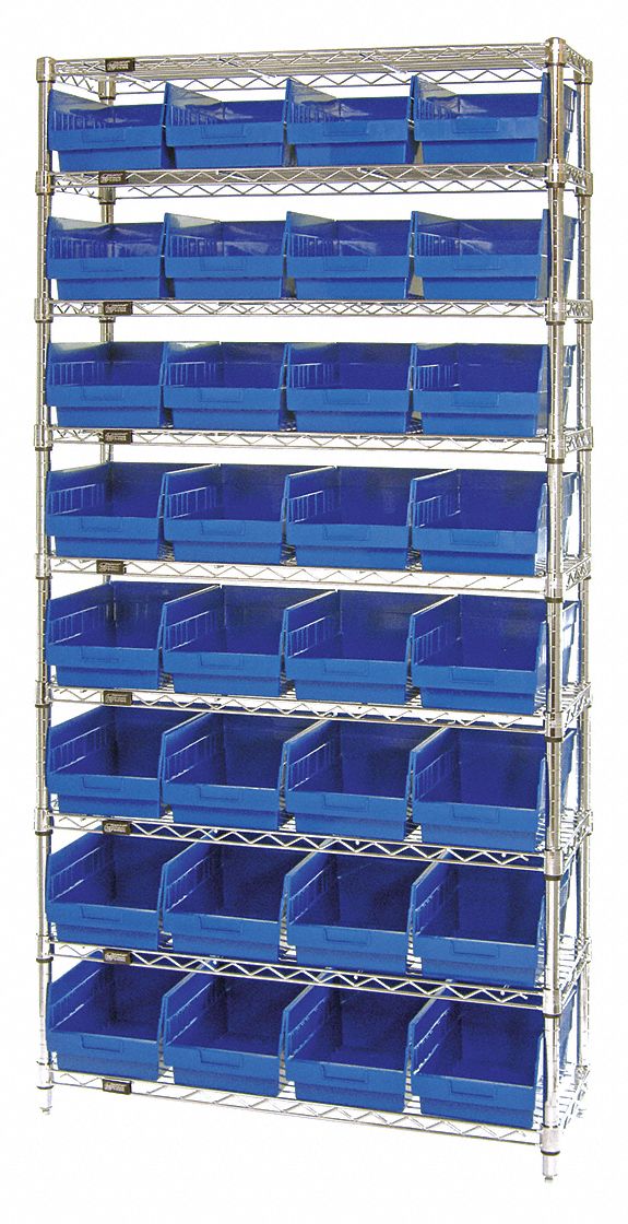 Bin Shelving: 36 in x 18 in x 74 in, 32 Bins, 9 Shelves, Open, Shelf Bin
