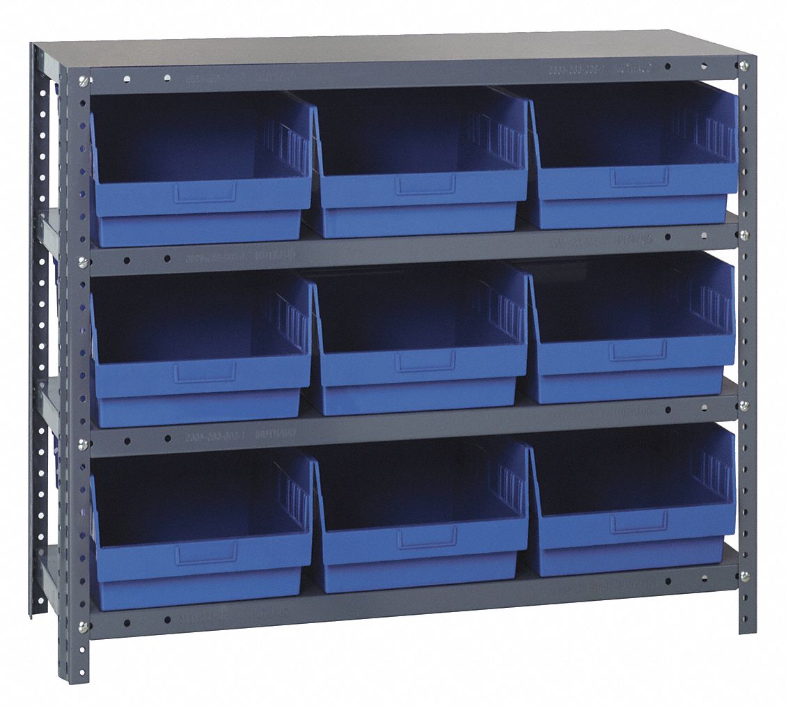 Bin Shelving: 36 in x 12 in x 39 in, 1 Sided, 9 Bins, Open, Shelf Bin, Blue