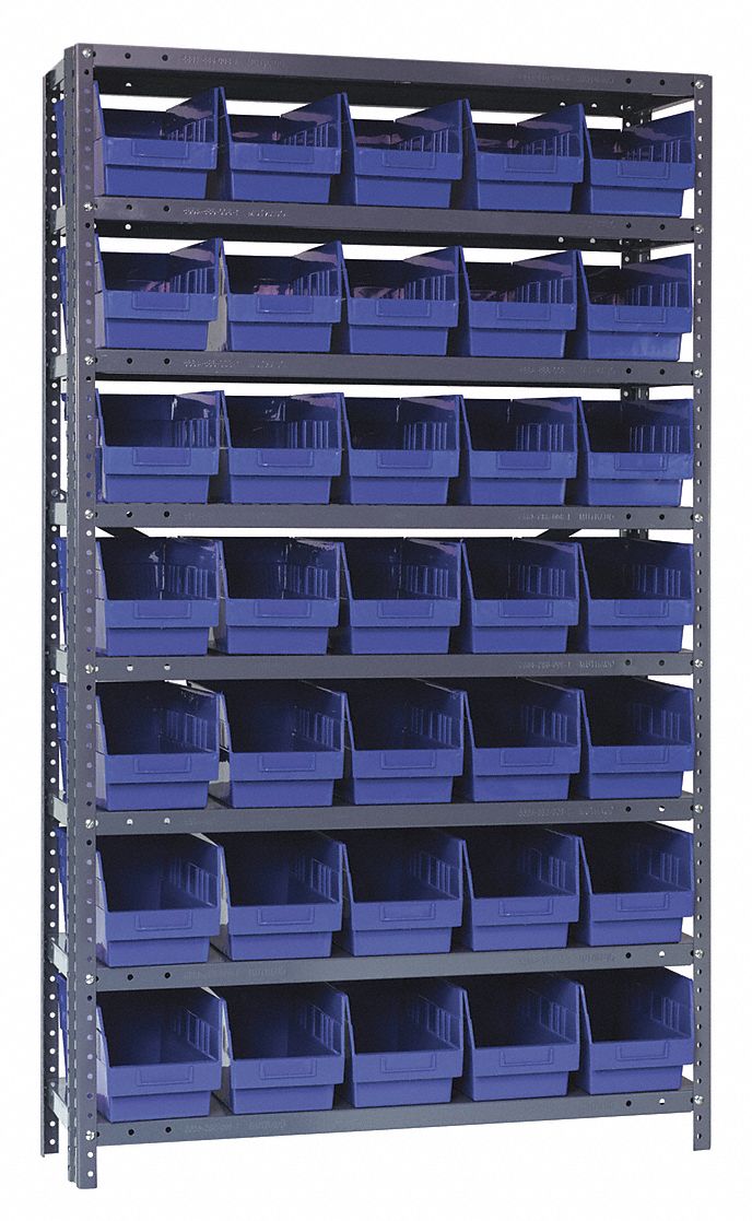 Bin Shelving: 36 in x 12 in x 75 in, 1 Sided, 35 Bins, Open, Shelf Bin, Blue