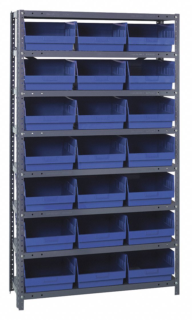 Bin Shelving: 36 in x 18 in x 75 in, 1 Sided, 21 Bins, Open, Shelf Bin, Blue