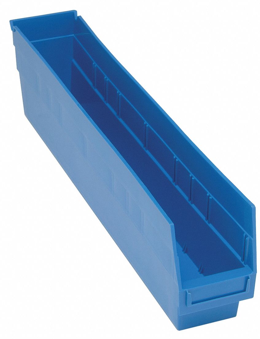 Shelf Bin: 23 5/8 in Overall Lg, 4 3/8 in x 8 in, Blue, Nesting Capable