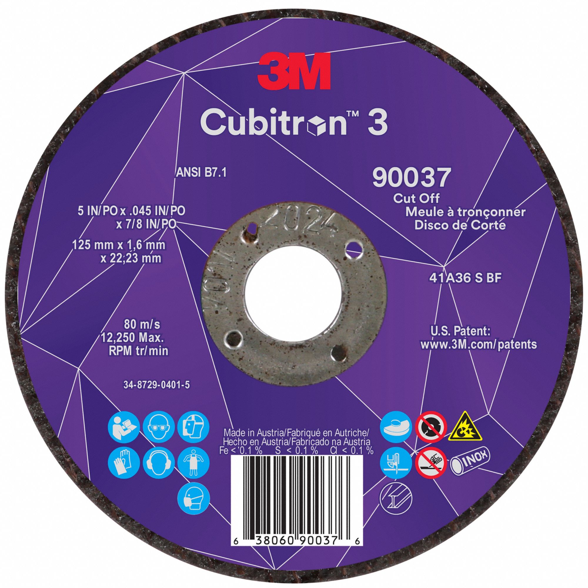 Abrasive Cut-Off Wheel: Type 1, 5" x 0.045" x 7/8", Ceramic, 36 Grit