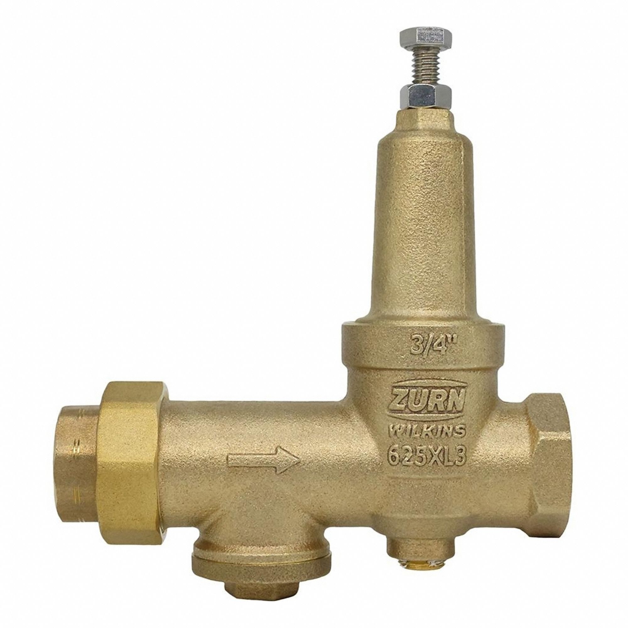 WILKINS Pressure Reducing Valve: Solder x FNPT, 3/4 in Pipe Size, Brass, 15 psi to 75 psi (MPN 34-625XL3C). Key specifications — Brand: WILKINS; Low-Lead Compliance: Low-Lead Compliant.