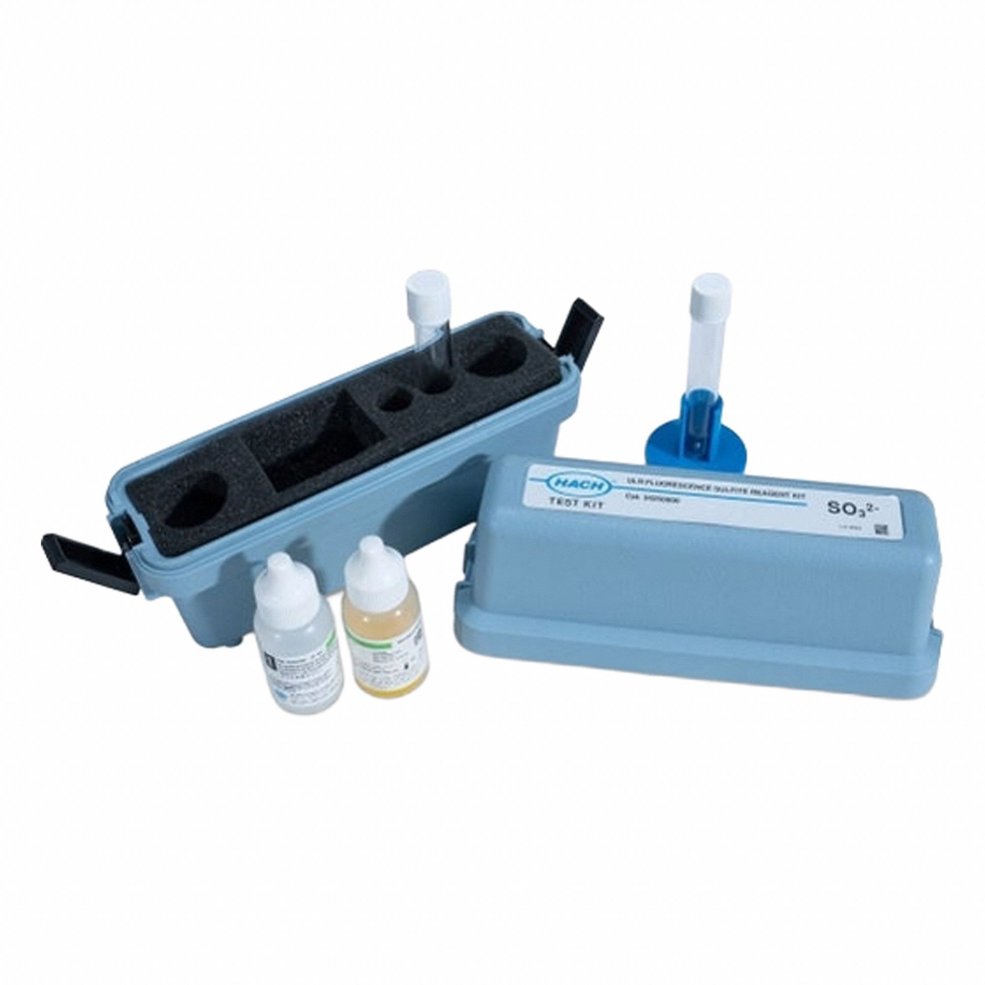 HACH ULR Sulfite Fluorescence Test Kit: Sulfite, 6 to 500 µg/L (ppb) SO₃, 100 Tests, 5 Pieces (MPN 34250000). Key specifications — Includes: Vial Stand; Range: 6 to 500 µg/L (ppb) SO₃; Test Parameters: Sulfite.