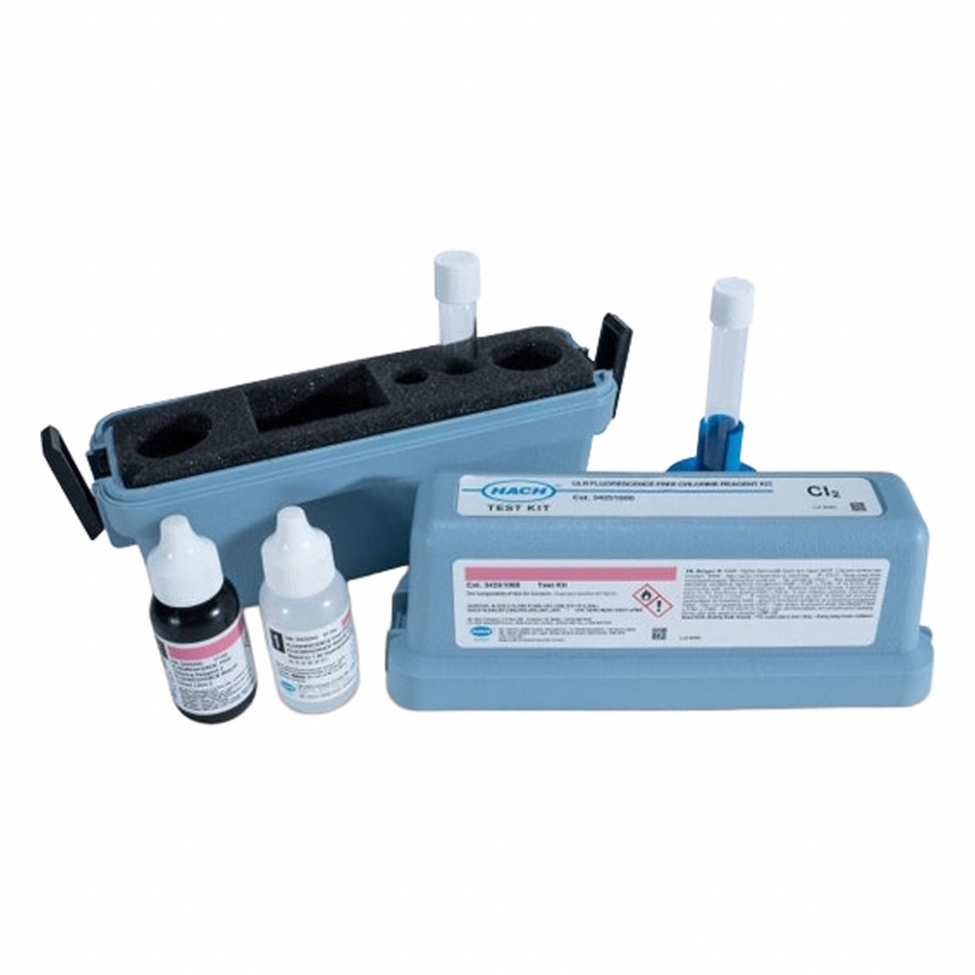 HACH ULR Free Chlorine Fluorescence Test Kit: Chlorine, 2 to 100 µg/L (ppb) Cl₂, 100 Tests, 5 Pieces (MPN 34251000). Key specifications — Includes: (2) Bottle Free Chlorine Reagent; Range: 2 to 100 µg/L (ppb) Cl₂; Test Parameters: Chlorine.