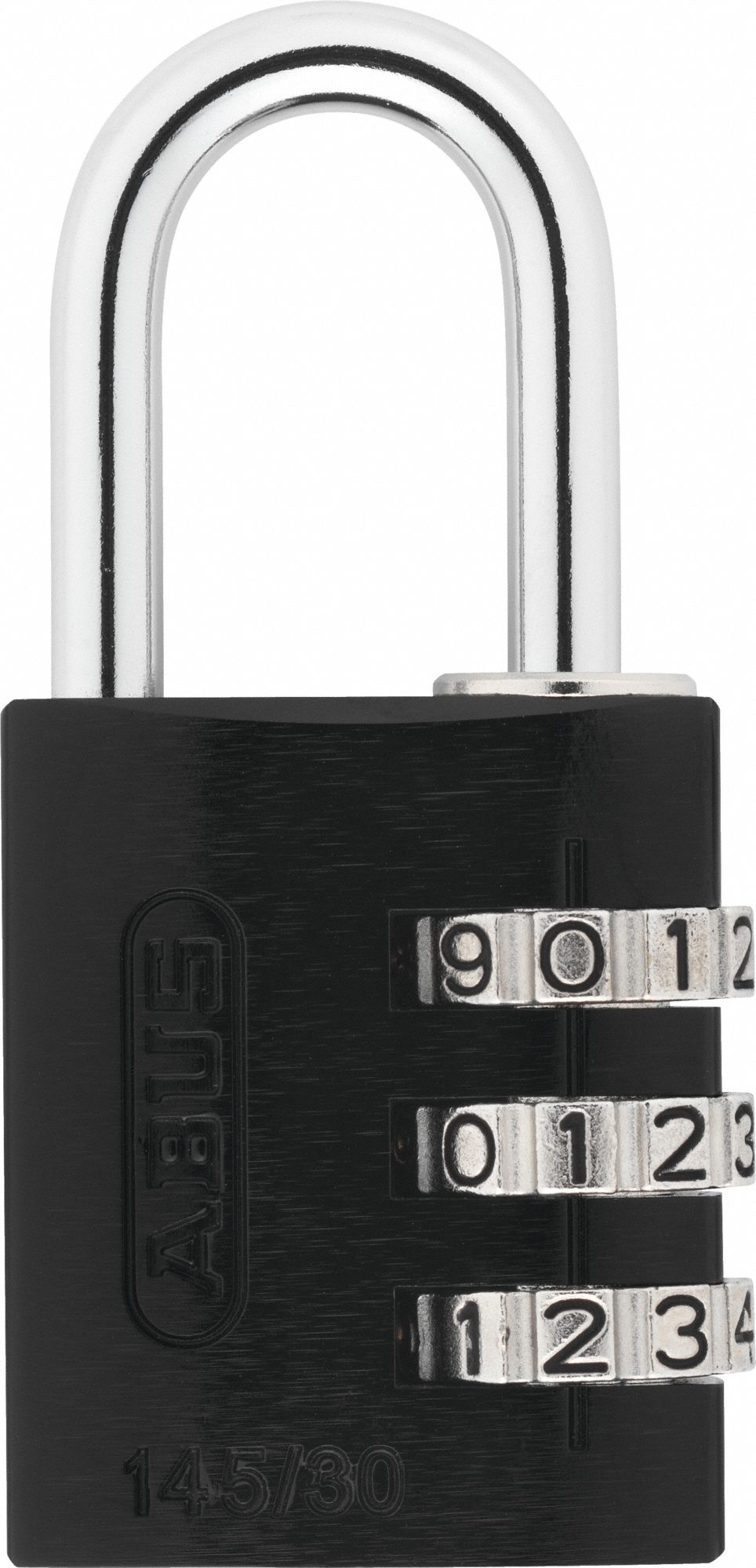 ABUS Combination Padlock: Scrolling Combo, Aluminum, Std Shackle, Stainless Steel Shackle (MPN 97114). Key specifications — Dial Color: Silver; Brand: ABUS.