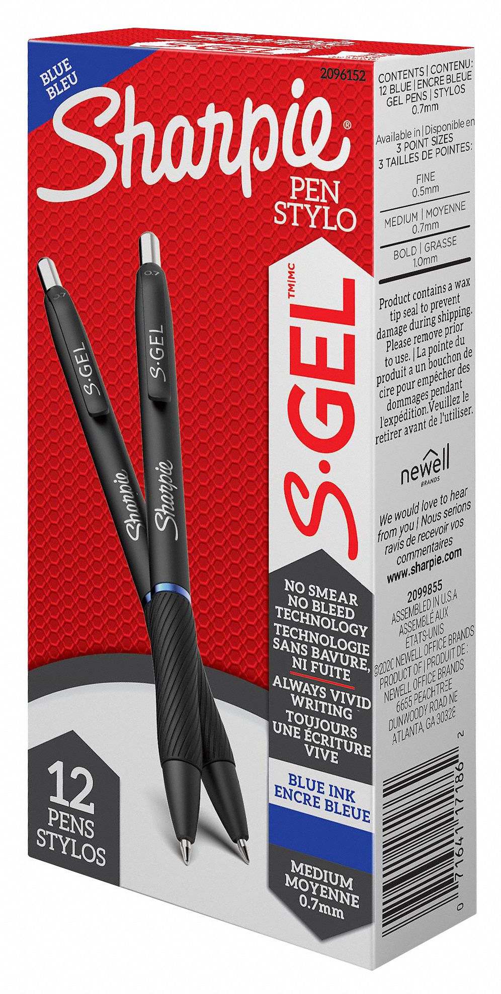 Pen Set: S-Gel, Blue, 0.7 mm, Retractable, Black, Plastic, Medium, Non-Refillable, 12 PK