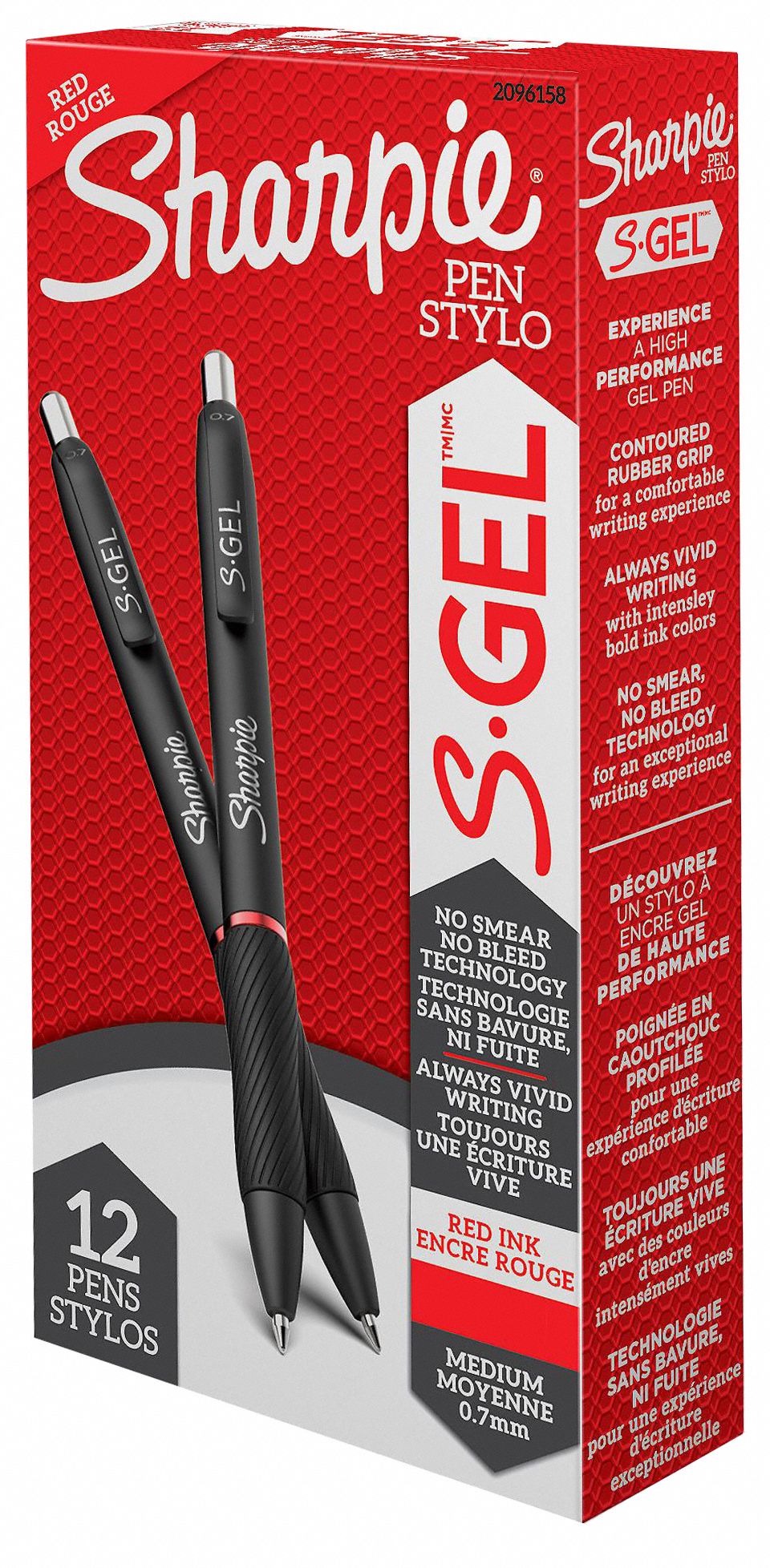 Pen Set: S-Gel, Red, 0.7 mm, Retractable, Black, Plastic, Medium, Non-Refillable, 12 PK