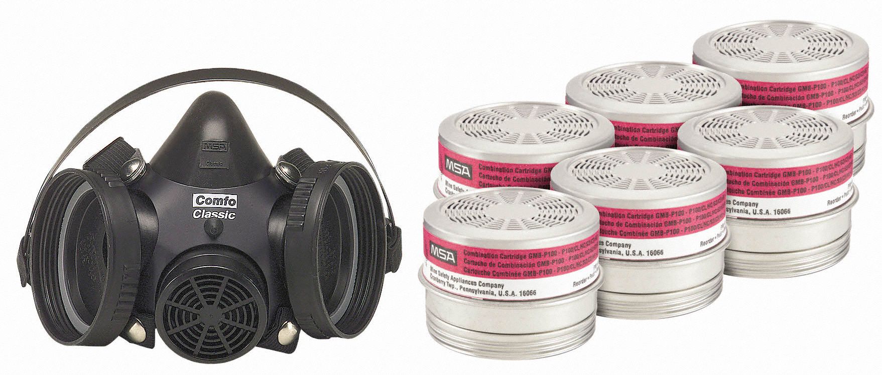 Half Mask Respirator Kit: 6 Cartridges Included, Silicone, L Mask Size