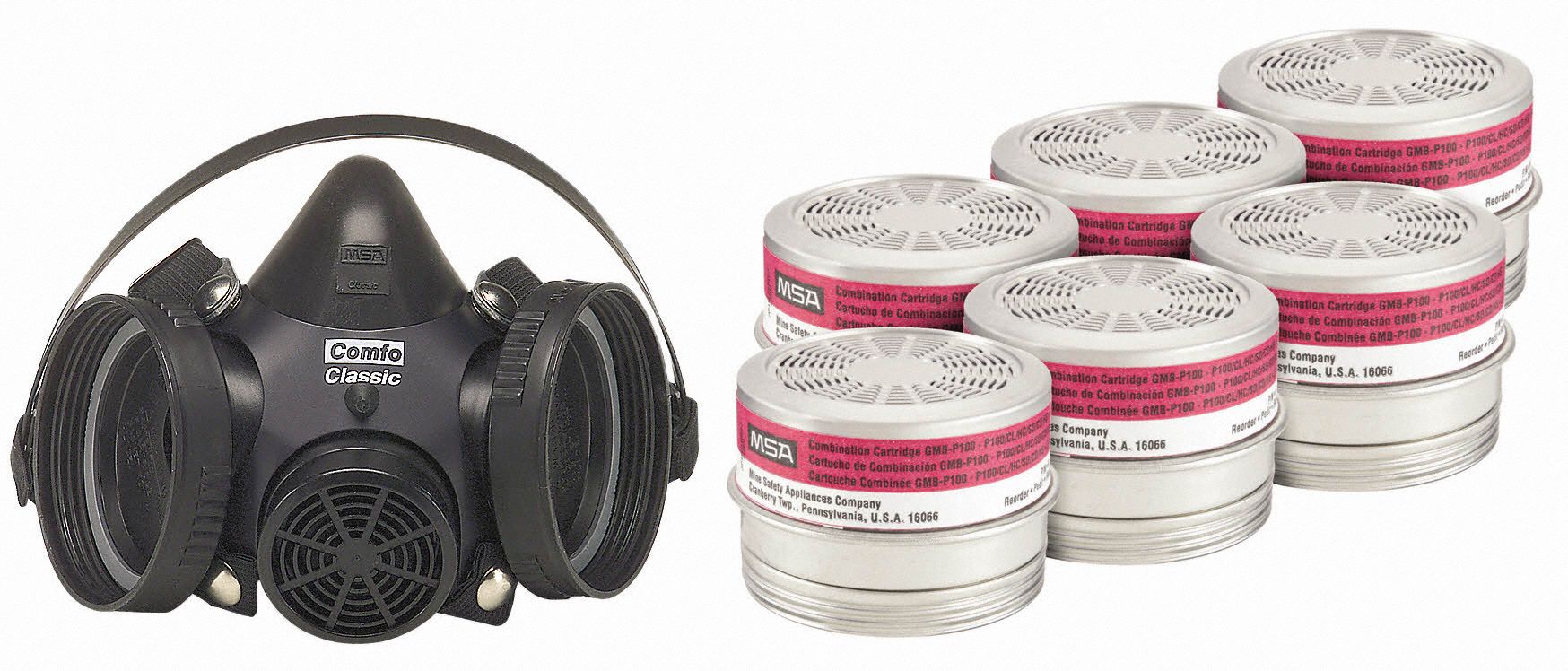 Half Mask Respirator Kit: 6 Cartridges Included, Silicone, M Mask Size