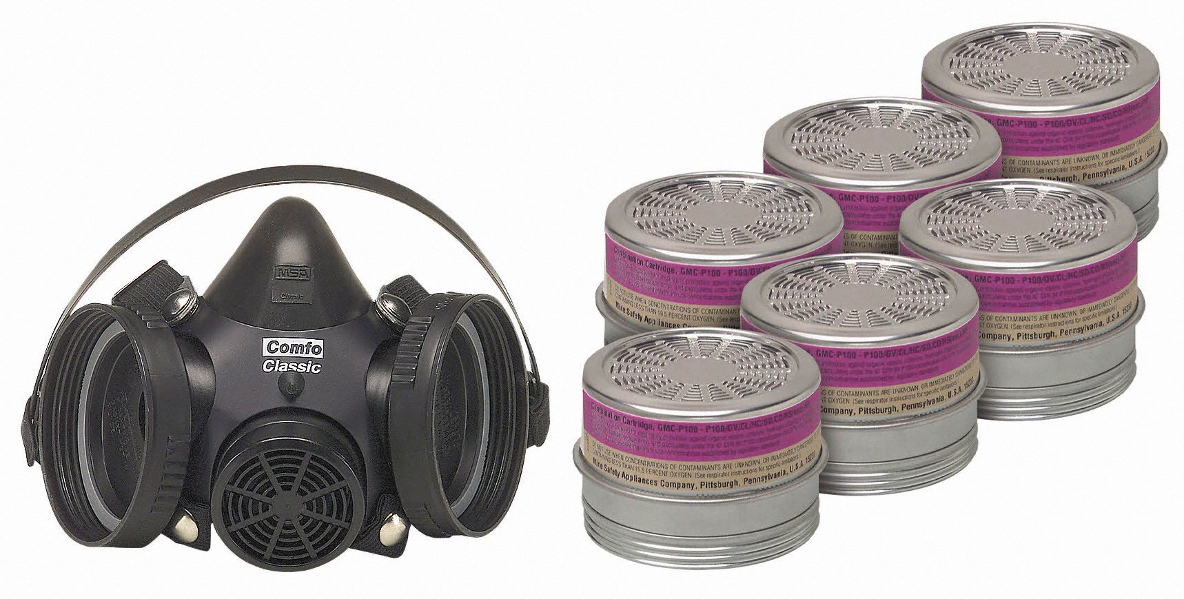 Half Mask Respirator Kit: 6 Cartridges Included, Silicone, M Mask Size