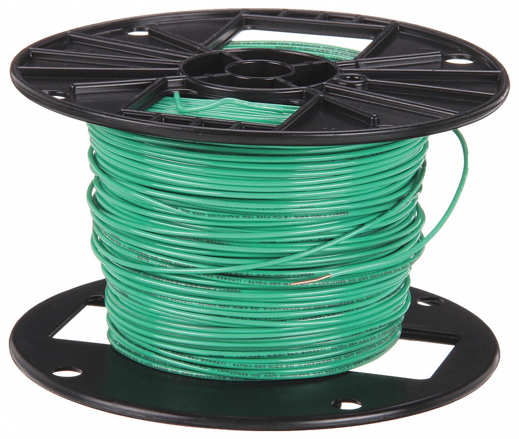 Building Wire: Copper, 18 AWG, 1 Conductors, Solid, Green, 500 ft Lg, TFFN