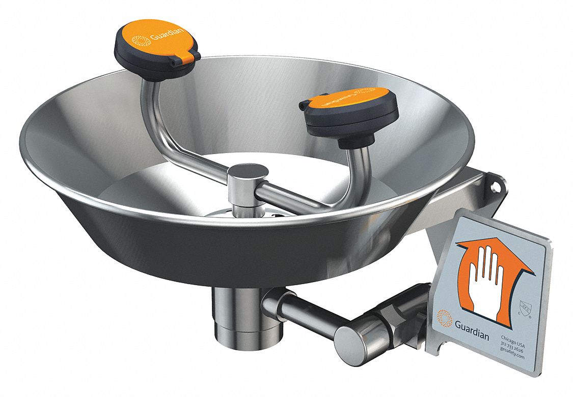 Plumbed Eyewash: Std, Wall Mnt, Eyes and Face Coverage, Uncovered, Push Plate