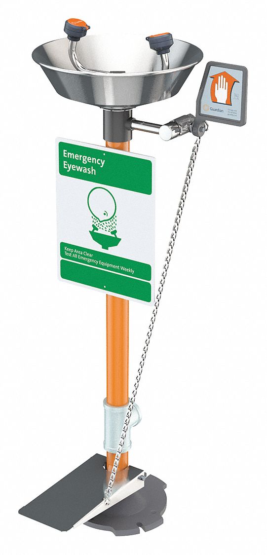 Plumbed Eyewash: Std, Floor Mnt, Eyes Coverage, Uncovered, Stainless Steel Bowl