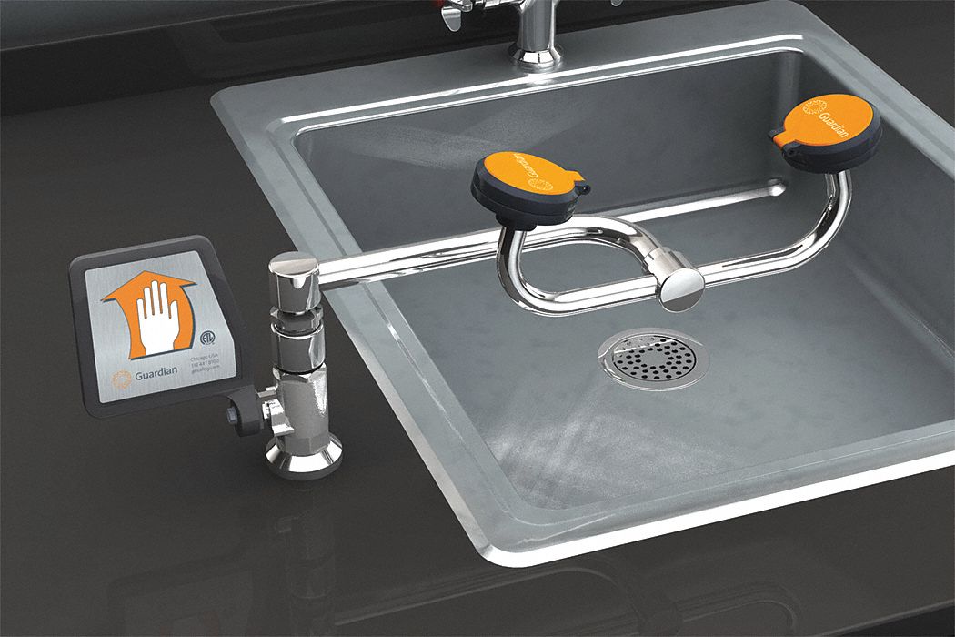 Plumbed Eyewash: Std, Eyes and Face Coverage, Push Plate, Left Side, Gen Purpose