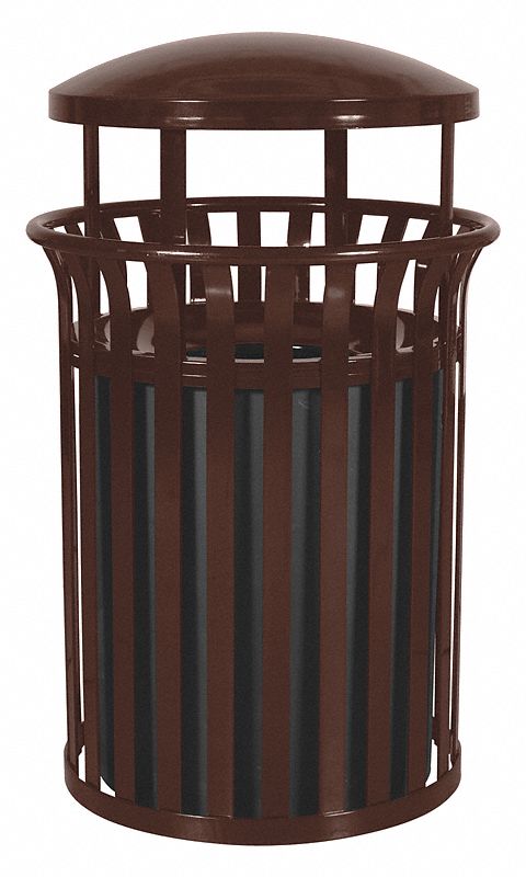 Trash Can: Round, Canopy Top, 37 gal Container Capacity, 26 in Overall Dia, 26 in, Steel