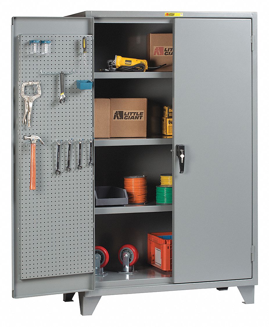 Pegboard Cabinet: 60 in x 24 1/4 in x 78 in, Swing  Handle & Padlock Hasp, Legs, Gray