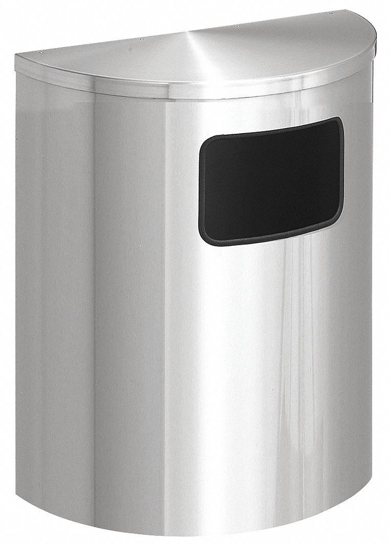 TRASH CAN, ALUMINUM, FLAT WITH SIDE OPENING TOP, SILVER, 24 GALLON CAPACITY, 28 IN OVERALL H