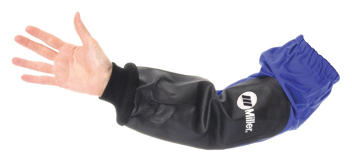 FLAME-RESISTANT SLEEVE, BLUE, L, COTTON/PIGSKIN, ELASTIC CUFF, 21 IN LENGTH