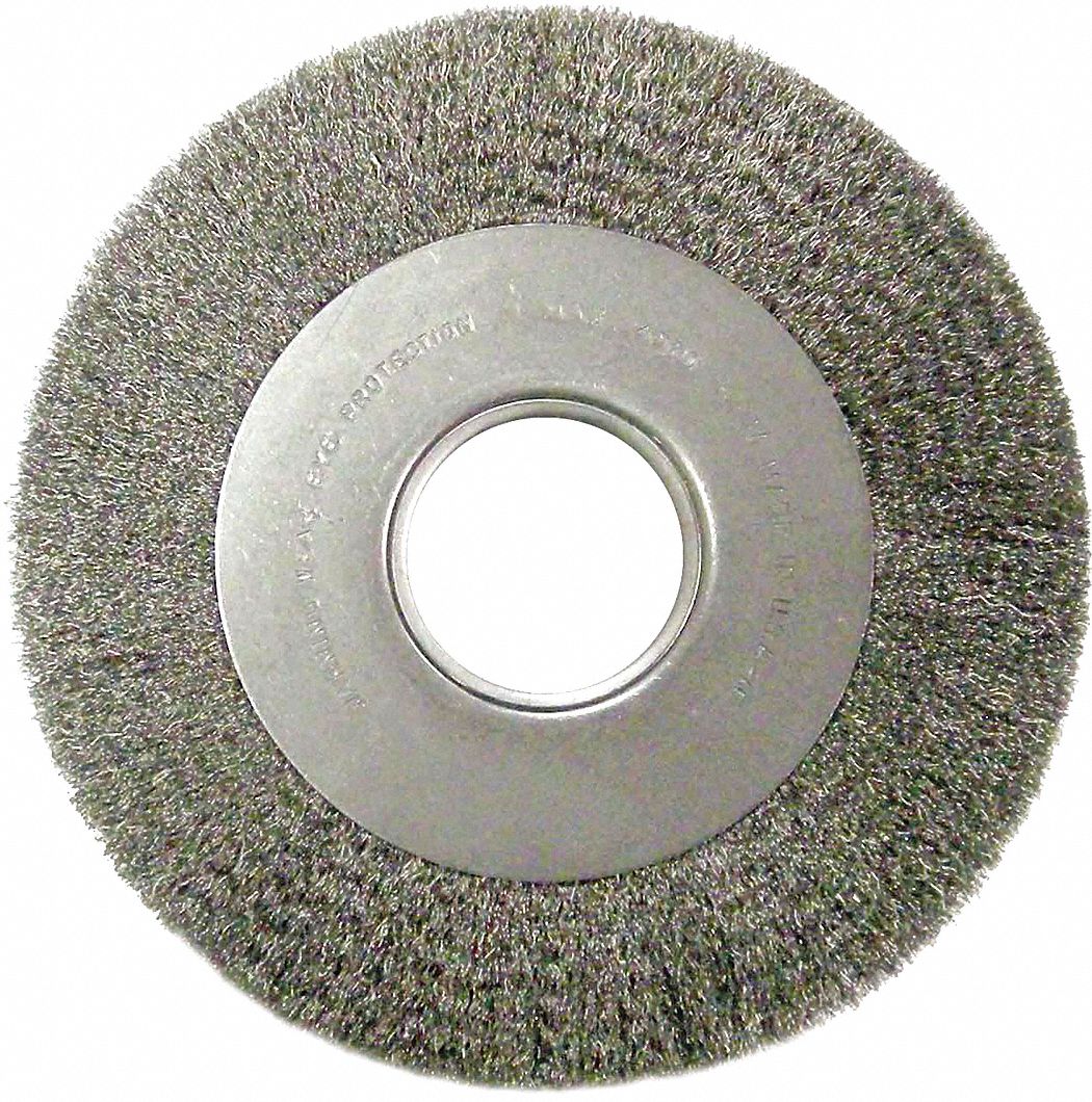WIRE WHEEL BRUSH, CRIMPED STEEL, 8 IN DIAMETER X 1 IN W, 2 IN ARBOUR, 0.02 IN FILL