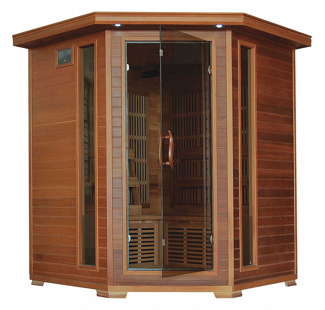 Infrared Sauna: Corner Sauna, 59 in Exterior Wd, 59 in Exterior Dp, 75 in Exterior Ht