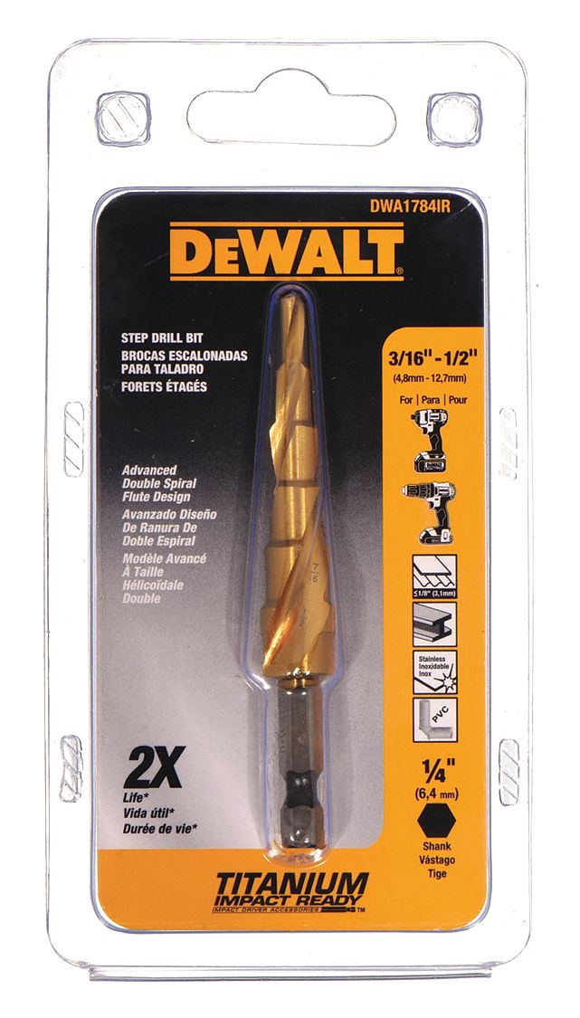 DEWALT Step Drill Bit 6 Hole Sizes 3 16 in to 1 2 in 1 16 in Step Increments Hex Shank