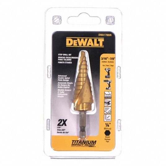 DEWALT Step Drill Bit 12 Hole Sizes 3 16 in to 7 8 in 1 16 in Step Increments Hex Shank