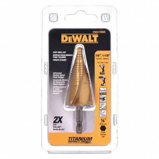 DEWALT Step Drill Bit 2 Hole Sizes 7 8 in to 1 1 8 in 3 4 in Step Increments Hex Shank