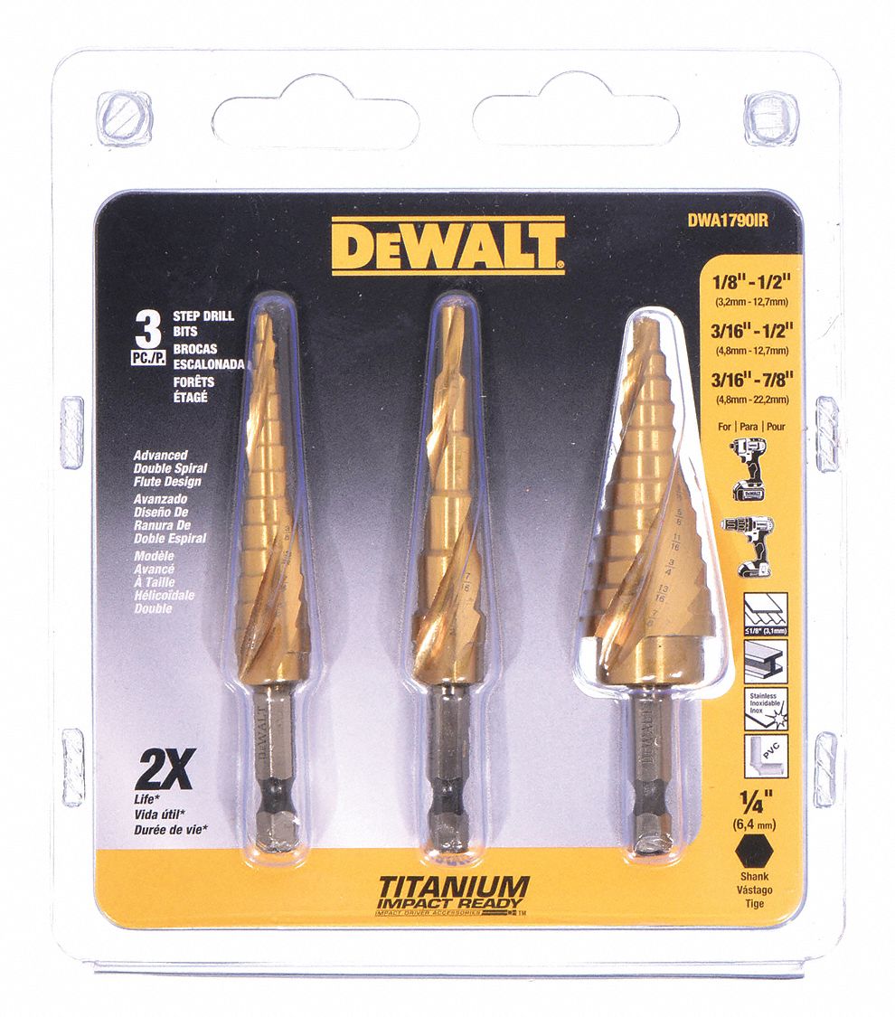 DEWALT STEP DRILL BIT SET, 31 HOLE SIZES, ⅛ IN TO⅞ IN, ¼ IN SHANK, HEX SHANK  - Step Drill Bits - BLDDWA1790IR