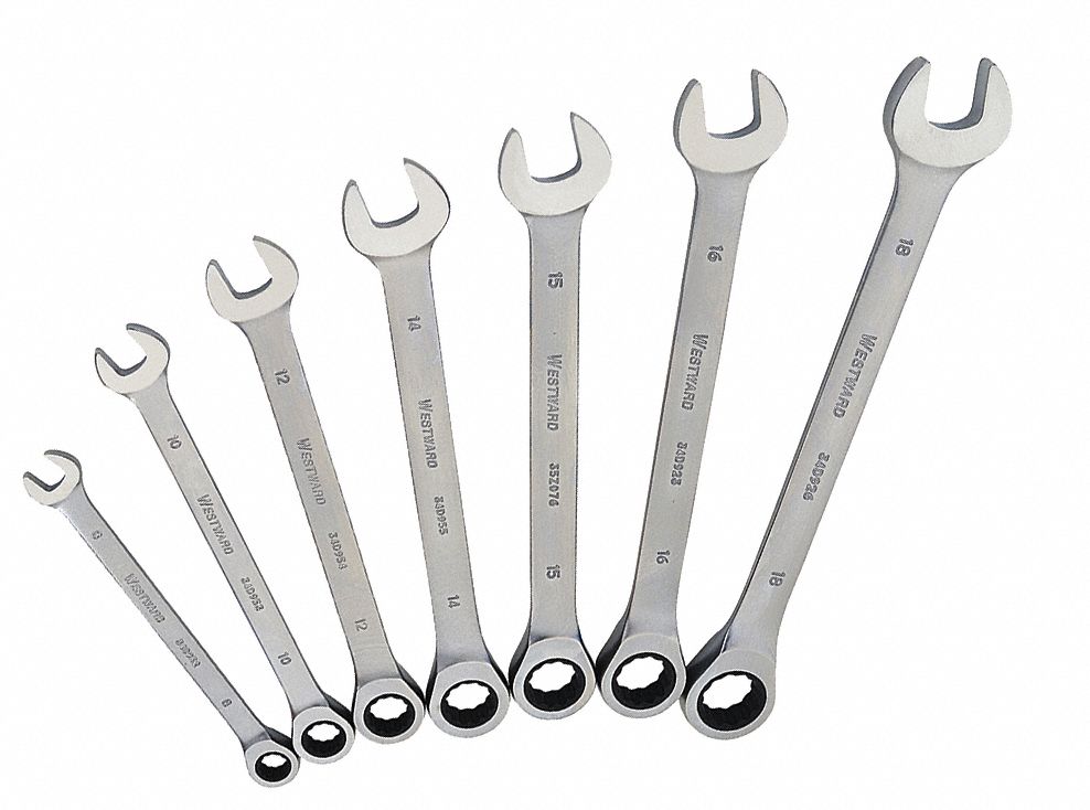 Combination Wrench Set: Alloy Steel, Satin, 7 Tools, 8 mm to 18 mm Range of Head Sizes, Std
