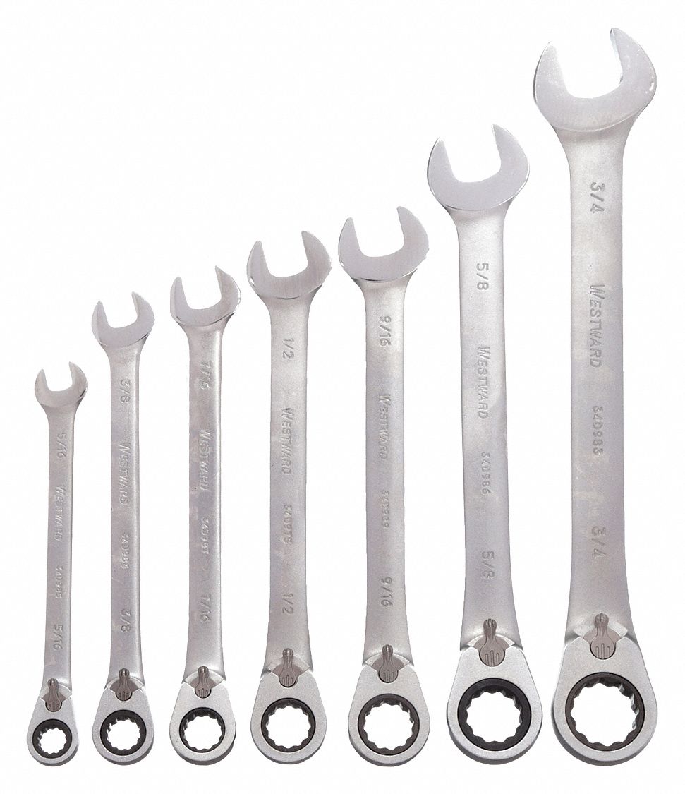 COMBINATION WRENCH SET, ALLOY STEEL, SATIN, 7 TOOLS, 5/16 IN TO&frac34; IN HEAD SIZES