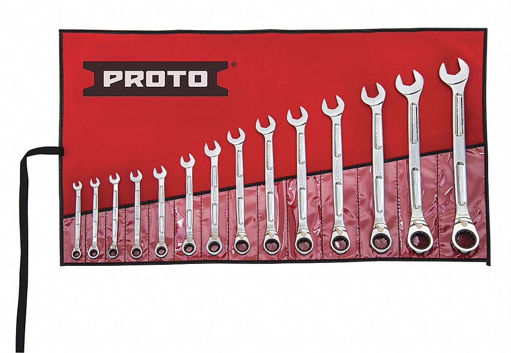 PROTO Combination Wrench Set, Alloy Steel, Chrome, 14 Number of Tools