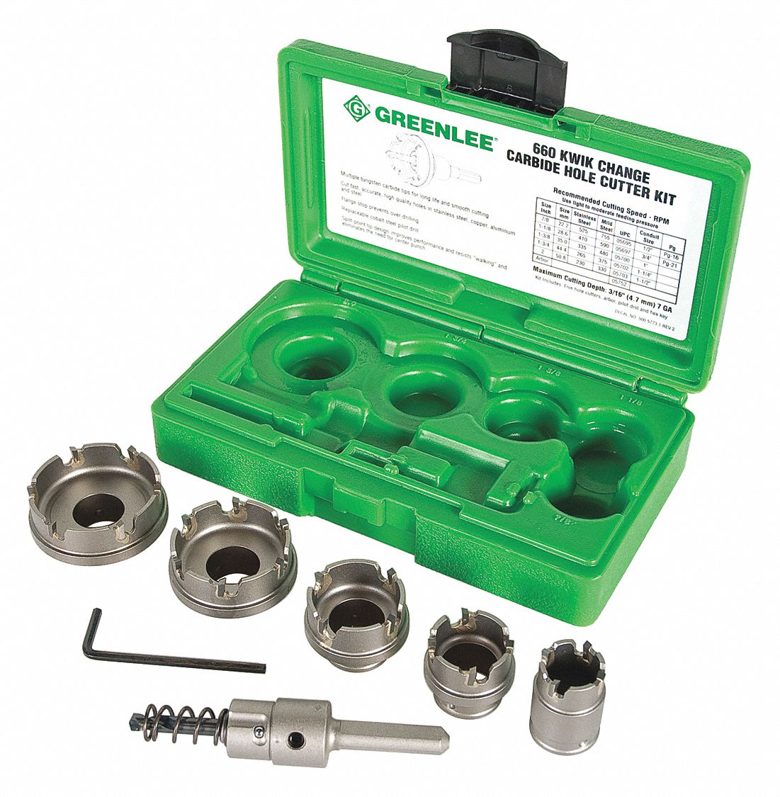 GREENLEE Hole Cutter Kit: 8 Pieces, 7/8 in to 2 in Saw Size Range, 1/8 in  Max. Cutting Dp