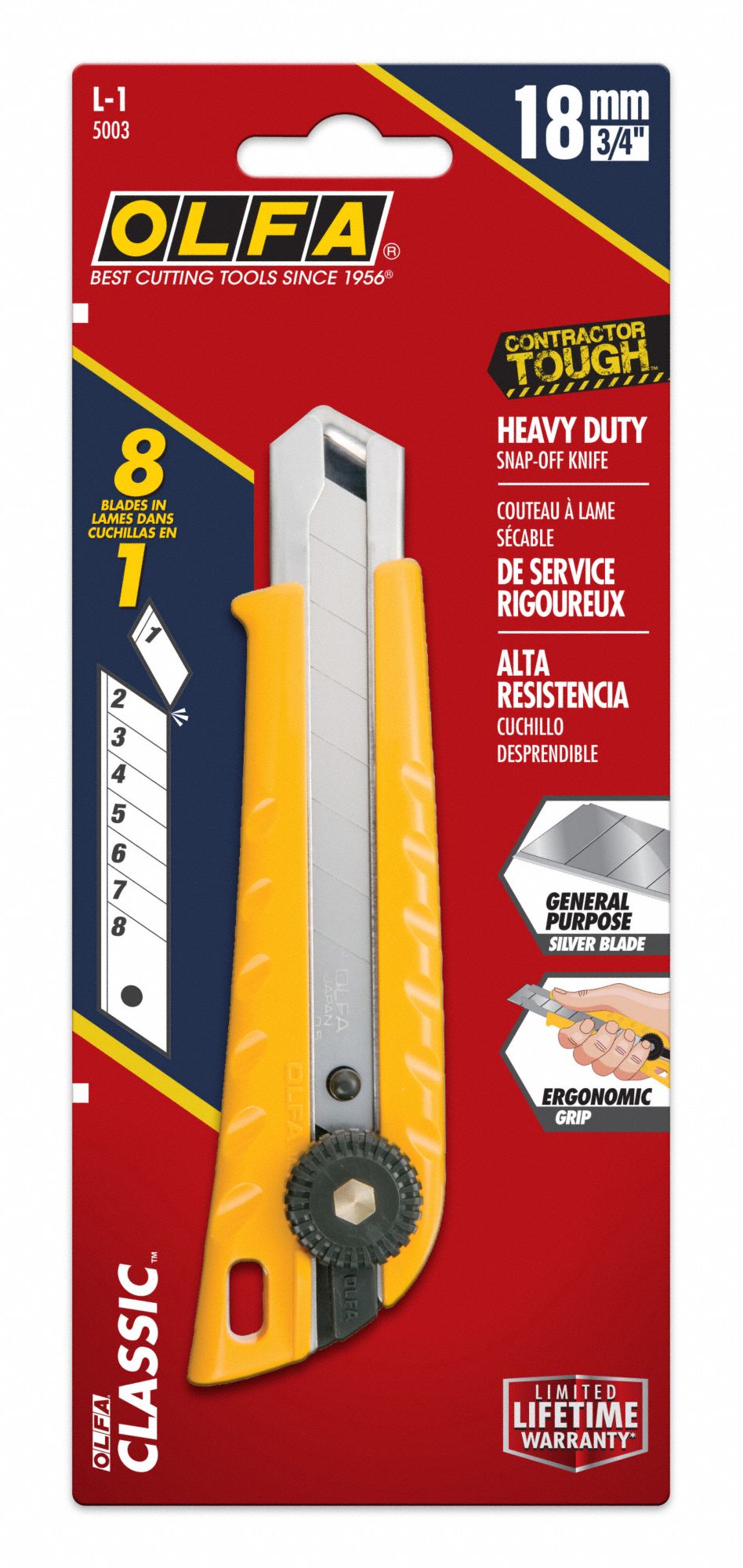 OLFA Utility Knife 6 in Overall Lg, Rubberized, 8 Segments, 0 Blades Stored, Yellow 34F812L