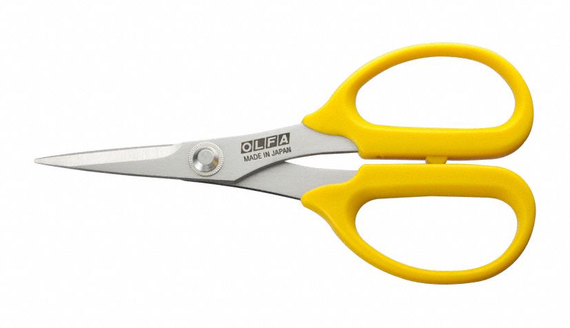 Shears: Ambidextrous, 5 1/4 in Overall Lg, Straight, Stainless Steel, Pointed, Yellow