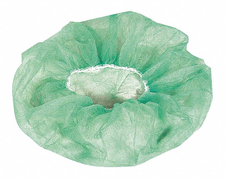 Bouffant Cap: Metal Detectable, Polypropylene, Lightweight, Pleated Bouffant, Green, 100 PK
