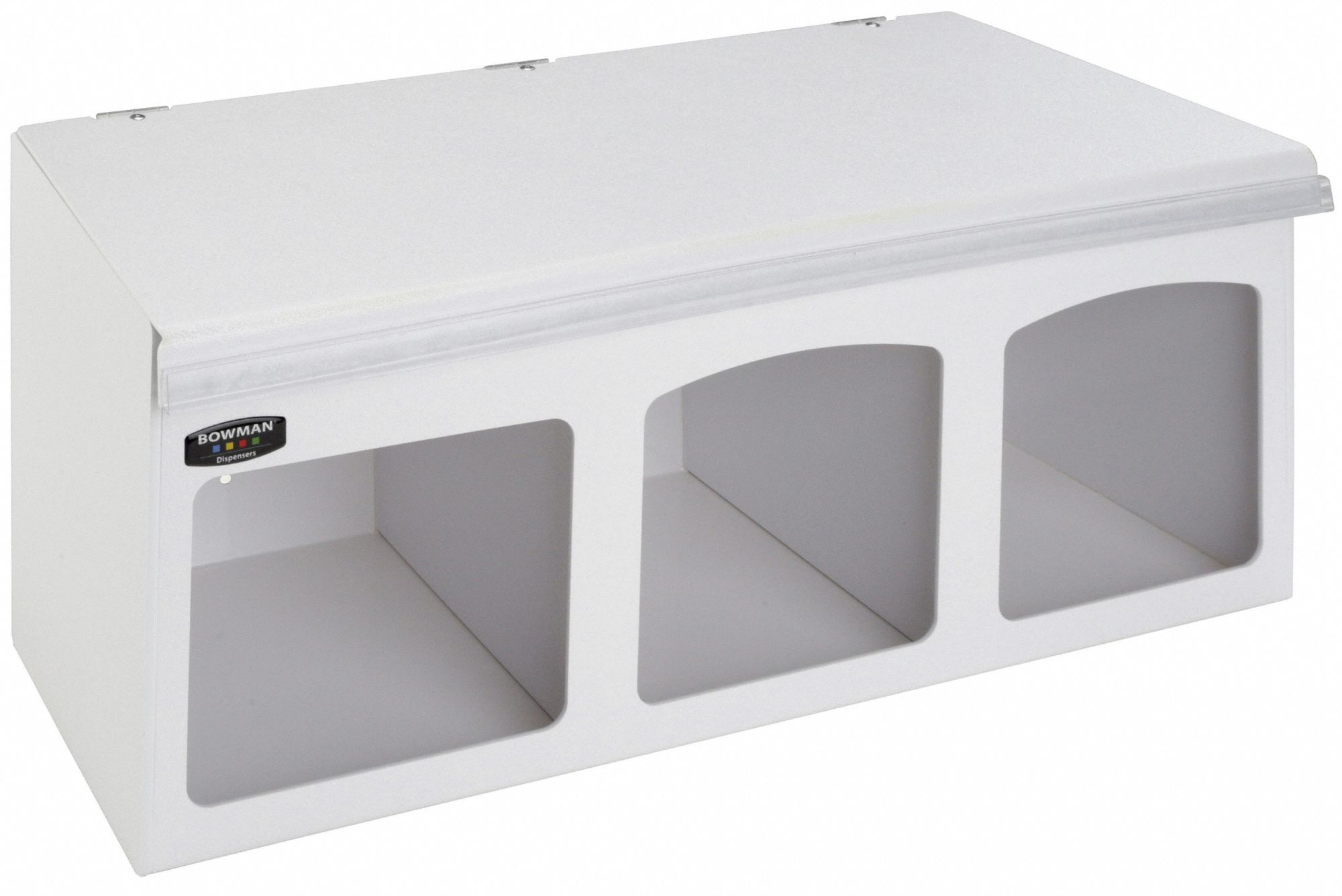 Face Mask Dispenser: Plastic, White, 12 3/4 in H x 26 1/2 in W x 10 5/8 in D