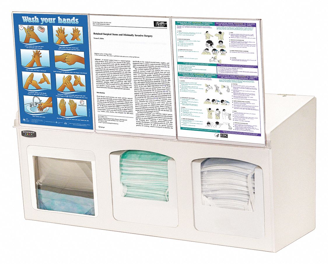 Face Mask Dispenser: Plastic, White, 12 3/4 in H x 26 1/2 in W x 10 5/8 in D