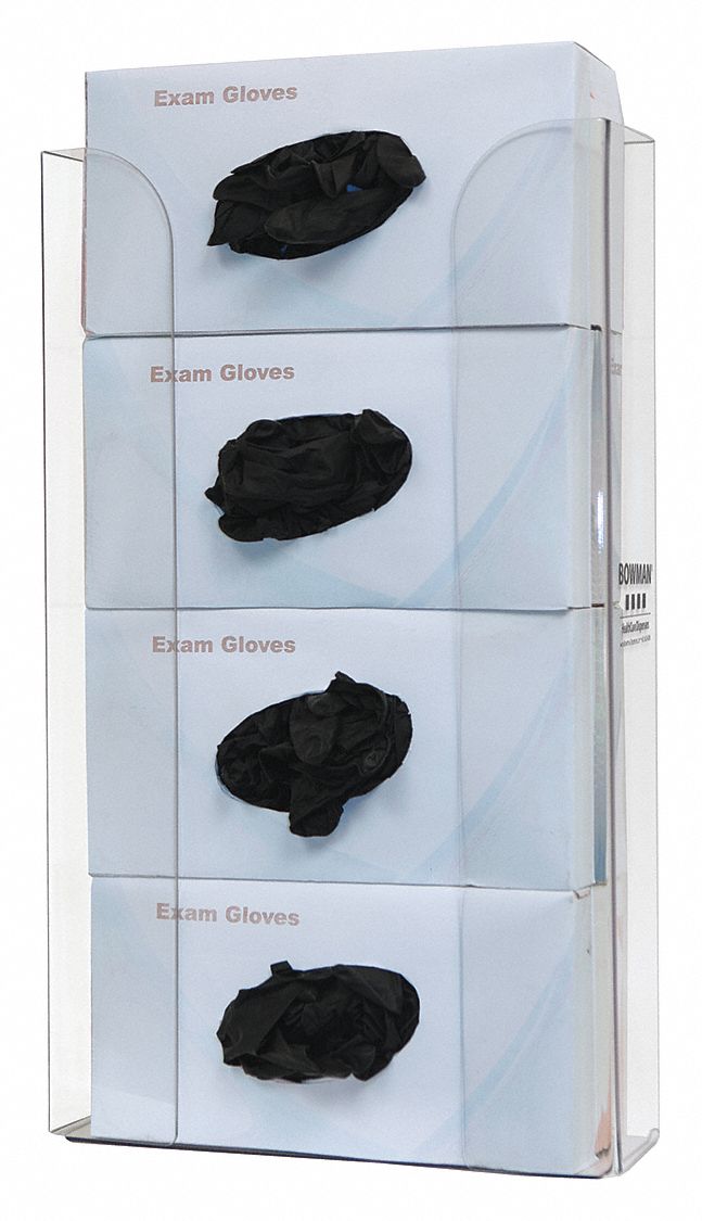 Glove Dispenser: PETG, 10 1/2 in Overall Wd, 19 1/8 in Overall Ht, 4 in Overall Dp
