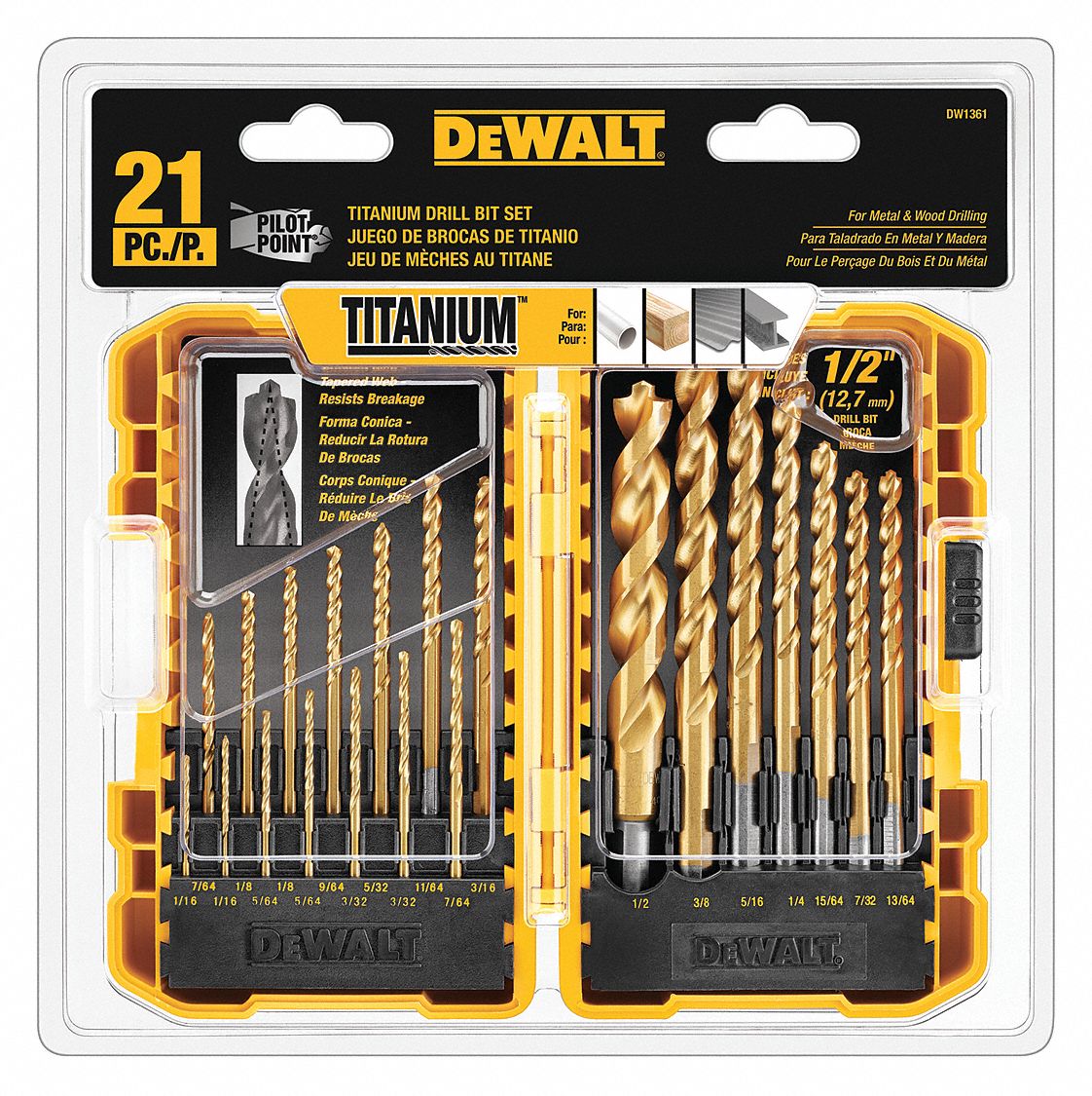 DEWALT Jobber Length Drill Set: 1/16 in Smallest Drill Bit Size, 1/2 in  Largest Drill Bit Size, TiN