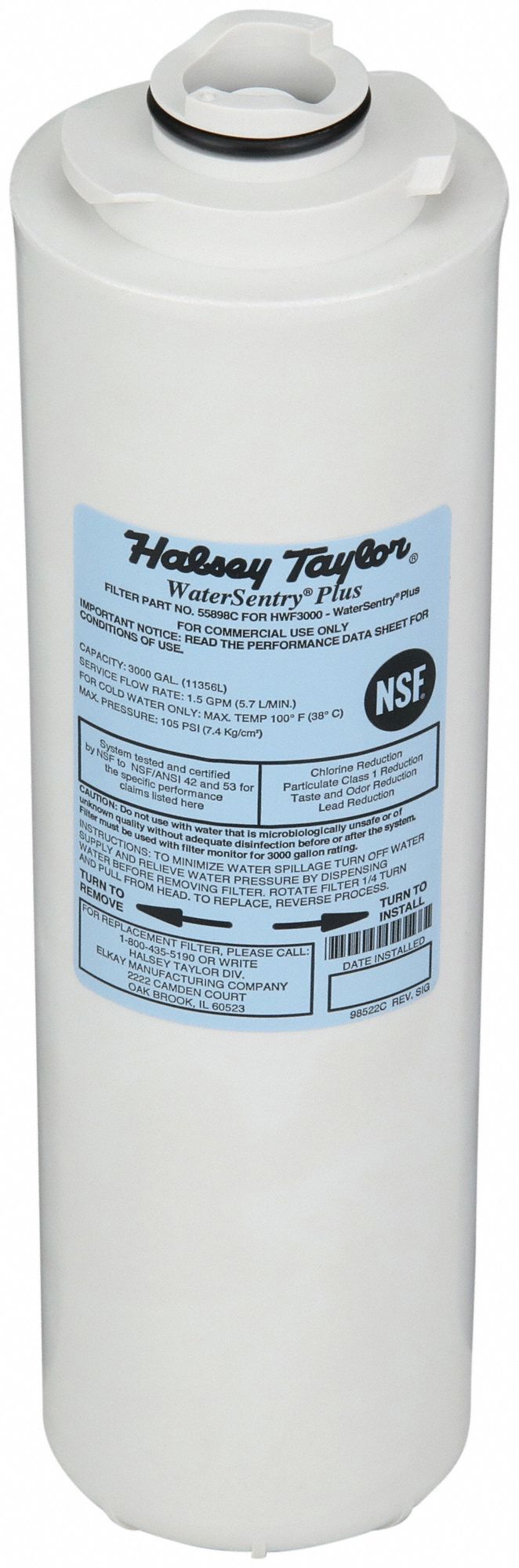 HALSEY TAYLOR, 1.5 gpm, 3,000 gal, Water Filter Cartridge - 34J832