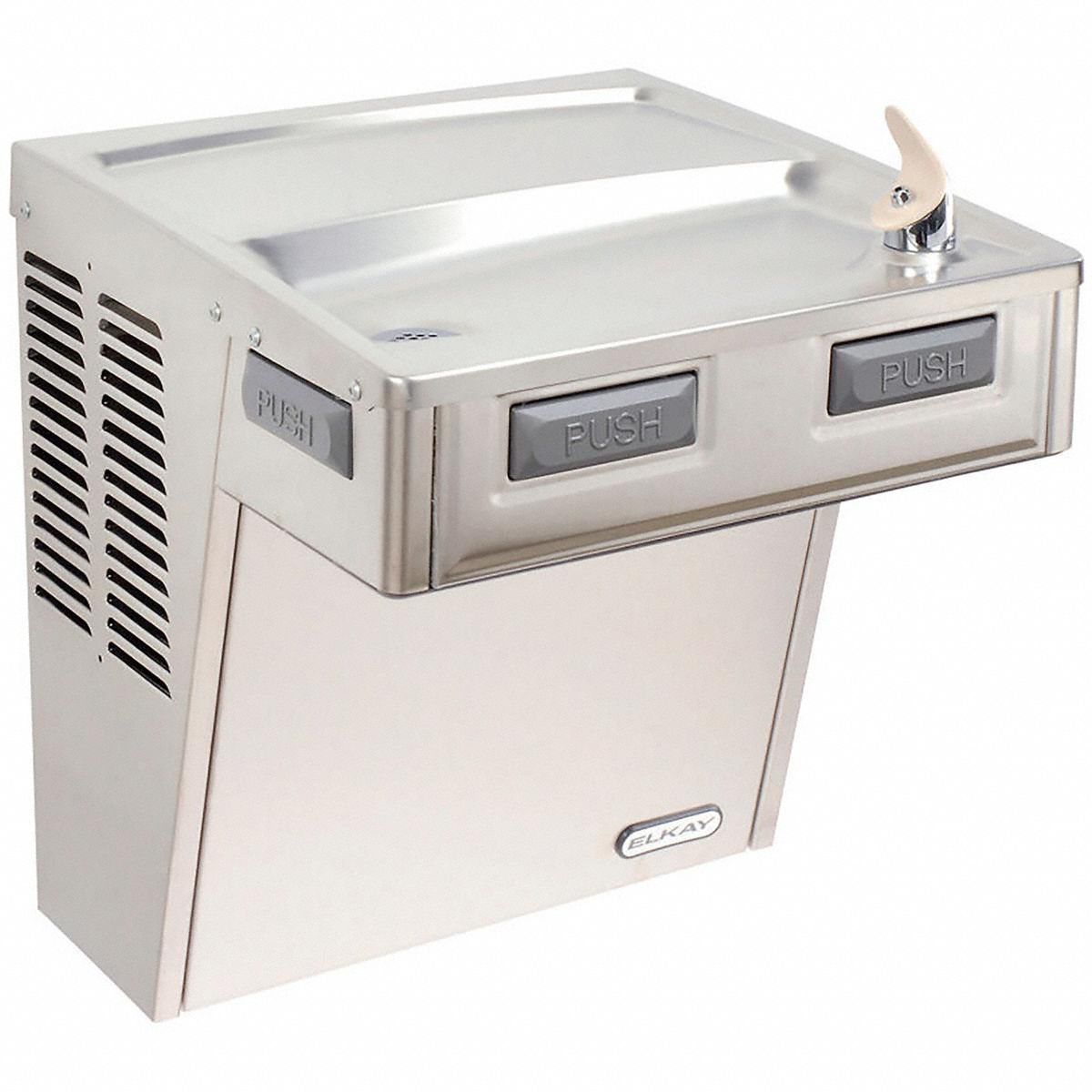 Drinking Fountain: On-Wall, 20 5/8 in Ht, Front Pushbar/Side Pushbar, 8 gph @ 50°F, Silver
