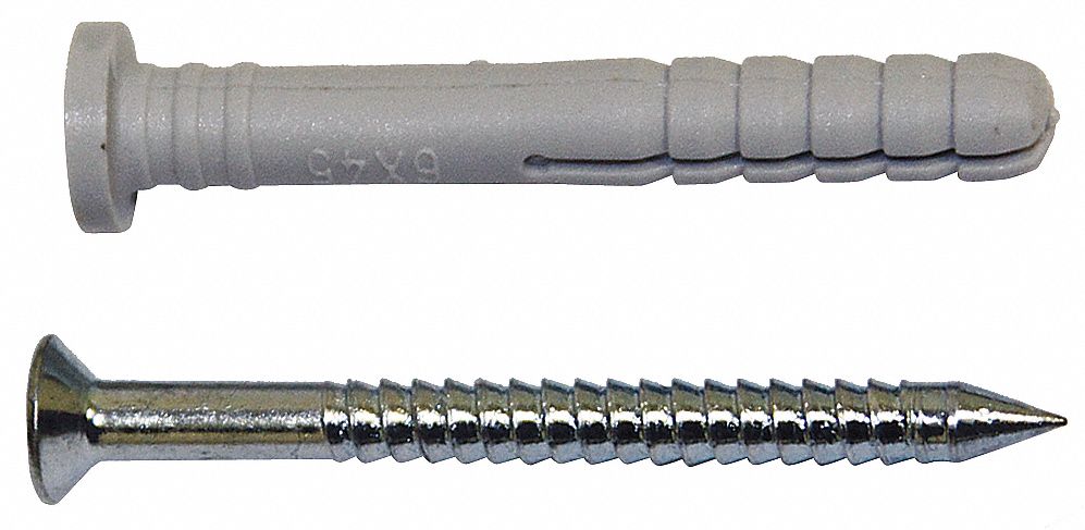 Concrete Anchor Screw: 1/4 in Dia, 1 3/4 in Overall Lg, Plastic, Plain, Plastic, Plain, Plug