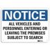 Notice: All Vehicles And Personnel Entering Or Leaving The Premises Subject To Search Signs