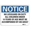 Notice: No Lifeguard On Duty All Children Under 14 Years Of Age Must Be Accompanied By An Adult Signs