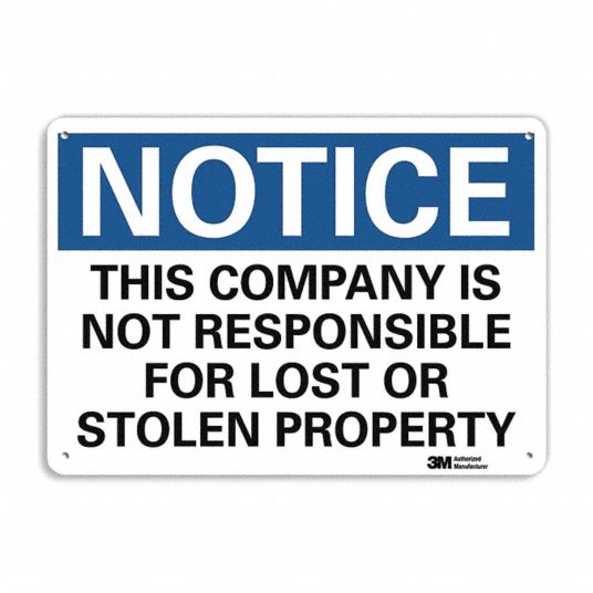 LYLE Notice Sign, This Company Is Not Responsible For Lost Or Stolen ...